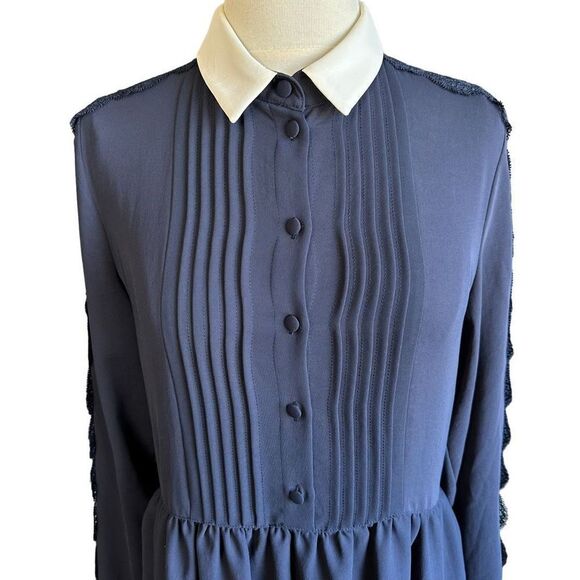 The Kooples Lace Sheer Detail Lantern Sleeve Pleated High Neck Collared Secretar - Picture 3 of 11